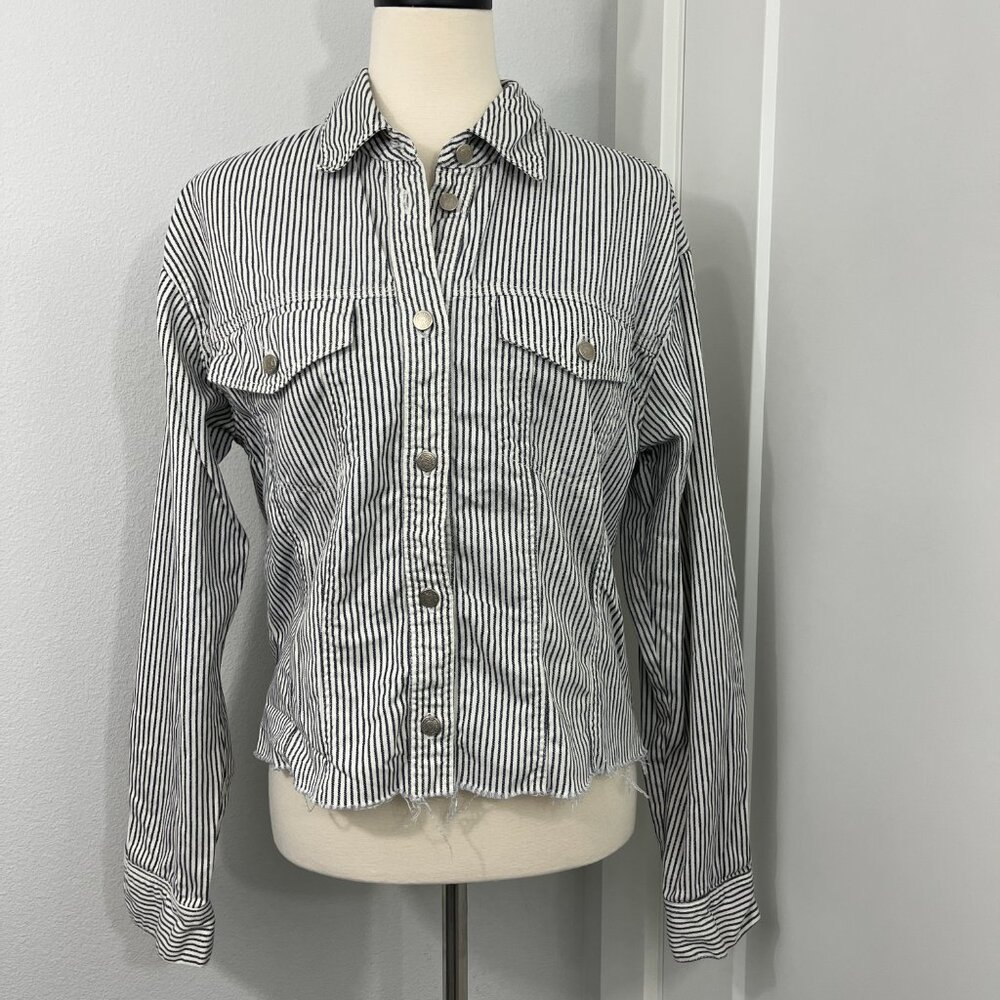 DKNY Size 10 Black, White Striped Cropped Denim Jacket Top